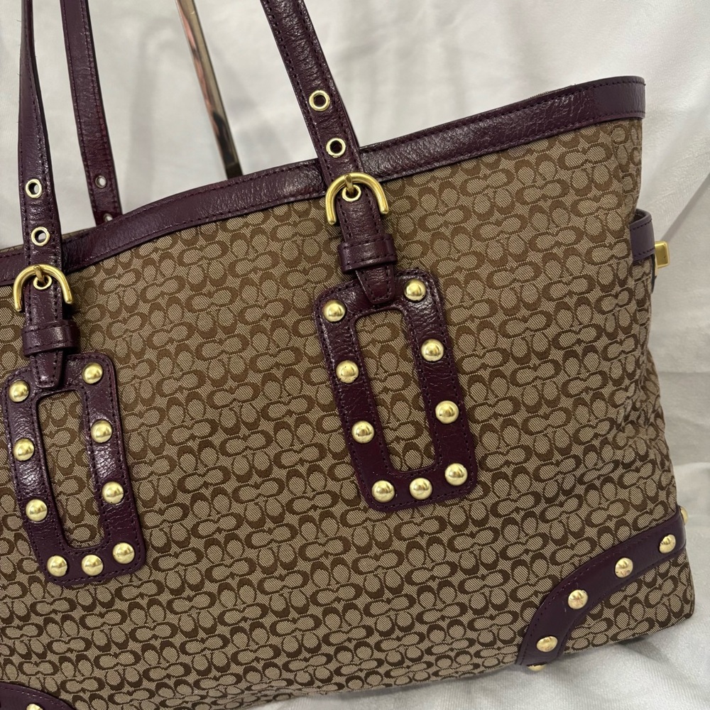 Coach Vintage Studded Signature C Shoulder Bag Tote Large Brown Burgundy Leather - Picture 3 of 14